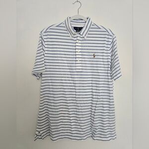 Ralph Lauren Knit Oxford Cotton Blue and White Striped Polo Shirt | Size Large